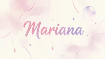 Mariana horizontal diseño 7 - Diseño abstracto en acuarela sobre fondo crema, con manchas fluidas y etéreas en rosa pastel y lila, líneas curvas que aportan movimiento, pequeñas gotas salpicadas cayendo verticalmente y una burbuja translúcida en la parte superior izquierda. El nombre resalta al centro con una tipografía cursiva amplia y elegante en degradado rosa a morado.
