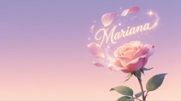 Mariana horizontal diseño 8 - Fondo de Pantalla con degradado suave que transiciona de lila en la parte superior a melocotón y rosa pastel en la base, destacando una rosa rosada hiperrealista con tallo y hojas verdes. El nombre brilla en tipografía cursiva con efecto neón cálido, adornado con pétalos cayendo y chispas de luz mágica.