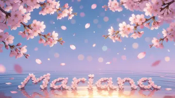 Mariana horizontal diseño 9 - Composición serena y onírica con ramas de cerezo en flor (sakura) en la parte superior contra un cielo en degradado de azul suave y lila. Pétalos de color rosa pastel flotan delicadamente en el aire cayendo hacia una superficie de agua tranquila y cristalina. En el centro inferior, el nombre está formado por pétalos de flores con un sutil efecto de relieve 3D y tipografía floral, reflejándose sobre el agua que está iluminada por un cálido destello dorado de luz solar en la esquina inferior derecha.