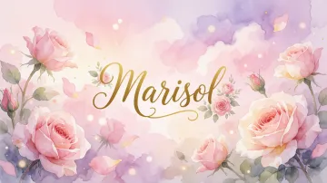 Marisol horizontal diseño 10 - Diseño estilo acuarela con un fondo etéreo y texturizado en nubes de tonos rosa pastel y lila suave. Presenta composiciones de rosas abiertas y capullos en los bordes inferior y superior, con pétalos cayendo delicadamente. Incorpora destellos de luz cálida (efecto bokeh) y, en el centro, resalta una tipografía elegante, cursiva y fluida en color dorado.