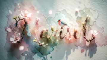 Marisol horizontal diseño 11 - Un delicado diseño de estilo acuarela digital que combina una tipografía de caligrafía personalizada para el nombre en tonos dorados y rosados suaves, adornada con pequeñas hojas y brotes. Un pajarito azul y naranja vibrante está posado en una de las letras. Todo está rodeado por un marco circular de ramas de cerezo en flor con delicadas flores rosadas y blancas. El fondo es un lavado de acuarela difuminado en tonos pastel suaves de azul cerceta, rosa rubor y melocotón sobre una textura de papel rugoso, con destellos luminosos y motas de luz bokeh flotando alrededor, creando una atmósfera mágica y soñadora. Las sombras suaves proyectadas añaden profundidad.