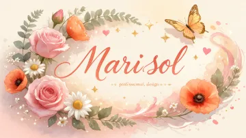 Marisol horizontal diseño 3 - Elegante composición de rosas rosadas y amapolas naranjas con mariposas doradas brillantes sobre un fondo cálido, romántico y mágico.