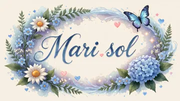 Marisol horizontal diseño 4 - Composición magica con nombre en letra cursiva azul, rodeado de hortensias azules, margaritas blancas y delicadas flores silvestres, enmarcado por suaves remolinos de agua, mariposas azules y destellos estelares sobre un fondo etéreo y romántico.