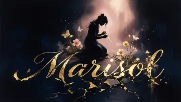 Marisol horizontal diseño 6 - Composición de ilustración semirrealista cinematográfica con silueta femenina tejiendo un hilo dorado de luz sobre un suelo oscuro fracturado al estilo Kintsugi, donde el nombre resalta en un prominente guión caligráfico dorado que emerge de las grietas, rodeado de flores blancas, mariposas y un fondo degradado de azules profundos iluminado por una luz celestial en tonos melocotón y crema, con una frase de aliento en tipografía blanca en la parte inferior.