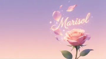 Marisol horizontal diseño 8 - Fondo de Pantalla con degradado suave que transiciona de lila en la parte superior a melocotón y rosa pastel en la base, destacando una rosa rosada hiperrealista con tallo y hojas verdes. El nombre brilla en tipografía cursiva con efecto neón cálido, adornado con pétalos cayendo y chispas de luz mágica.