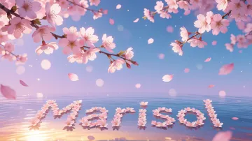 Marisol horizontal diseño 9 - Composición serena y onírica con ramas de cerezo en flor (sakura) en la parte superior contra un cielo en degradado de azul suave y lila. Pétalos de color rosa pastel flotan delicadamente en el aire cayendo hacia una superficie de agua tranquila y cristalina. En el centro inferior, el nombre está formado por pétalos de flores con un sutil efecto de relieve 3D y tipografía floral, reflejándose sobre el agua que está iluminada por un cálido destello dorado de luz solar en la esquina inferior derecha.