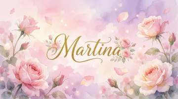 Martina horizontal diseño 10 - Diseño estilo acuarela con un fondo etéreo y texturizado en nubes de tonos rosa pastel y lila suave. Presenta composiciones de rosas abiertas y capullos en los bordes inferior y superior, con pétalos cayendo delicadamente. Incorpora destellos de luz cálida (efecto bokeh) y, en el centro, resalta una tipografía elegante, cursiva y fluida en color dorado.