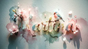 Martina horizontal diseño 11 - Un delicado diseño de estilo acuarela digital que combina una tipografía de caligrafía personalizada para el nombre en tonos dorados y rosados suaves, adornada con pequeñas hojas y brotes. Un pajarito azul y naranja vibrante está posado en una de las letras. Todo está rodeado por un marco circular de ramas de cerezo en flor con delicadas flores rosadas y blancas. El fondo es un lavado de acuarela difuminado en tonos pastel suaves de azul cerceta, rosa rubor y melocotón sobre una textura de papel rugoso, con destellos luminosos y motas de luz bokeh flotando alrededor, creando una atmósfera mágica y soñadora. Las sombras suaves proyectadas añaden profundidad.
