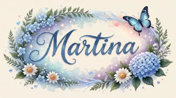 Martina horizontal diseño 4 - Composición magica con nombre en letra cursiva azul, rodeado de hortensias azules, margaritas blancas y delicadas flores silvestres, enmarcado por suaves remolinos de agua, mariposas azules y destellos estelares sobre un fondo etéreo y romántico.