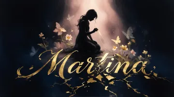 Martina horizontal diseño 6 - Composición de ilustración semirrealista cinematográfica con silueta femenina tejiendo un hilo dorado de luz sobre un suelo oscuro fracturado al estilo Kintsugi, donde el nombre resalta en un prominente guión caligráfico dorado que emerge de las grietas, rodeado de flores blancas, mariposas y un fondo degradado de azules profundos iluminado por una luz celestial en tonos melocotón y crema, con una frase de aliento en tipografía blanca en la parte inferior.