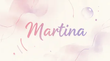 Martina horizontal diseño 7 - Diseño abstracto en acuarela sobre fondo crema, con manchas fluidas y etéreas en rosa pastel y lila, líneas curvas que aportan movimiento, pequeñas gotas salpicadas cayendo verticalmente y una burbuja translúcida en la parte superior izquierda. El nombre resalta al centro con una tipografía cursiva amplia y elegante en degradado rosa a morado.