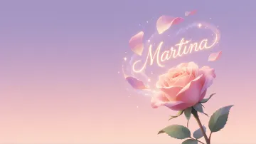 Martina horizontal diseño 8 - Fondo de Pantalla con degradado suave que transiciona de lila en la parte superior a melocotón y rosa pastel en la base, destacando una rosa rosada hiperrealista con tallo y hojas verdes. El nombre brilla en tipografía cursiva con efecto neón cálido, adornado con pétalos cayendo y chispas de luz mágica.