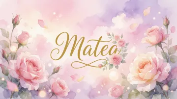 Matea horizontal diseño 10 - Diseño estilo acuarela con un fondo etéreo y texturizado en nubes de tonos rosa pastel y lila suave. Presenta composiciones de rosas abiertas y capullos en los bordes inferior y superior, con pétalos cayendo delicadamente. Incorpora destellos de luz cálida (efecto bokeh) y, en el centro, resalta una tipografía elegante, cursiva y fluida en color dorado.