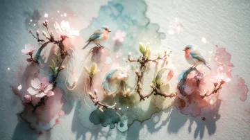 Matea horizontal diseño 11 - Un delicado diseño de estilo acuarela digital que combina una tipografía de caligrafía personalizada para el nombre en tonos dorados y rosados suaves, adornada con pequeñas hojas y brotes. Un pajarito azul y naranja vibrante está posado en una de las letras. Todo está rodeado por un marco circular de ramas de cerezo en flor con delicadas flores rosadas y blancas. El fondo es un lavado de acuarela difuminado en tonos pastel suaves de azul cerceta, rosa rubor y melocotón sobre una textura de papel rugoso, con destellos luminosos y motas de luz bokeh flotando alrededor, creando una atmósfera mágica y soñadora. Las sombras suaves proyectadas añaden profundidad.