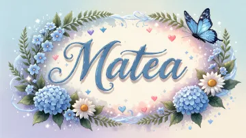 Matea horizontal diseño 4 - Composición magica con nombre en letra cursiva azul, rodeado de hortensias azules, margaritas blancas y delicadas flores silvestres, enmarcado por suaves remolinos de agua, mariposas azules y destellos estelares sobre un fondo etéreo y romántico.