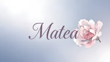 Matea horizontal diseño 5 - Nombre en elegante tipografía cursiva caligráfica en tono lavanda, sobre fondo acuarela de cielo nublado en tonos pastel (azul, blanco, lavanda), decorado con rosa en acuarela de pétalos rosa pálido, blanco crema y lilas suaves con hojas en gris-verde.