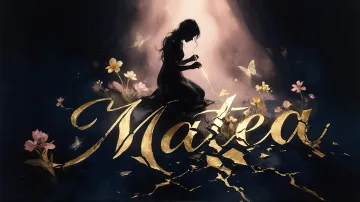 Matea horizontal diseño 6 - Composición de ilustración semirrealista cinematográfica con silueta femenina tejiendo un hilo dorado de luz sobre un suelo oscuro fracturado al estilo Kintsugi, donde el nombre resalta en un prominente guión caligráfico dorado que emerge de las grietas, rodeado de flores blancas, mariposas y un fondo degradado de azules profundos iluminado por una luz celestial en tonos melocotón y crema, con una frase de aliento en tipografía blanca en la parte inferior.