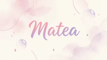 Matea horizontal diseño 7 - Diseño abstracto en acuarela sobre fondo crema, con manchas fluidas y etéreas en rosa pastel y lila, líneas curvas que aportan movimiento, pequeñas gotas salpicadas cayendo verticalmente y una burbuja translúcida en la parte superior izquierda. El nombre resalta al centro con una tipografía cursiva amplia y elegante en degradado rosa a morado.