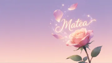 Matea horizontal diseño 8 - Fondo de Pantalla con degradado suave que transiciona de lila en la parte superior a melocotón y rosa pastel en la base, destacando una rosa rosada hiperrealista con tallo y hojas verdes. El nombre brilla en tipografía cursiva con efecto neón cálido, adornado con pétalos cayendo y chispas de luz mágica.