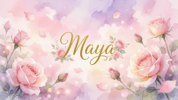 Maya horizontal diseño 10 - Diseño estilo acuarela con un fondo etéreo y texturizado en nubes de tonos rosa pastel y lila suave. Presenta composiciones de rosas abiertas y capullos en los bordes inferior y superior, con pétalos cayendo delicadamente. Incorpora destellos de luz cálida (efecto bokeh) y, en el centro, resalta una tipografía elegante, cursiva y fluida en color dorado.