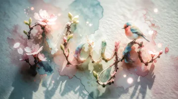 Maya horizontal diseño 11 - Un delicado diseño de estilo acuarela digital que combina una tipografía de caligrafía personalizada para el nombre en tonos dorados y rosados suaves, adornada con pequeñas hojas y brotes. Un pajarito azul y naranja vibrante está posado en una de las letras. Todo está rodeado por un marco circular de ramas de cerezo en flor con delicadas flores rosadas y blancas. El fondo es un lavado de acuarela difuminado en tonos pastel suaves de azul cerceta, rosa rubor y melocotón sobre una textura de papel rugoso, con destellos luminosos y motas de luz bokeh flotando alrededor, creando una atmósfera mágica y soñadora. Las sombras suaves proyectadas añaden profundidad.