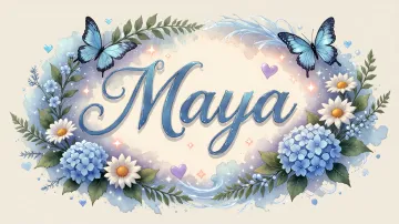 Maya horizontal diseño 4 - Composición magica con nombre en letra cursiva azul, rodeado de hortensias azules, margaritas blancas y delicadas flores silvestres, enmarcado por suaves remolinos de agua, mariposas azules y destellos estelares sobre un fondo etéreo y romántico.