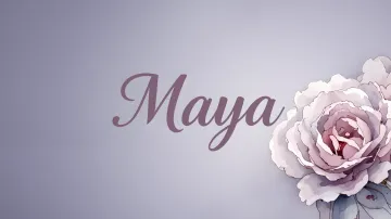 Maya horizontal diseño 5 - Nombre en elegante tipografía cursiva caligráfica en tono lavanda, sobre fondo acuarela de cielo nublado en tonos pastel (azul, blanco, lavanda), decorado con rosa en acuarela de pétalos rosa pálido, blanco crema y lilas suaves con hojas en gris-verde.