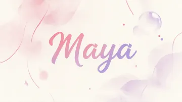 Maya horizontal diseño 7 - Diseño abstracto en acuarela sobre fondo crema, con manchas fluidas y etéreas en rosa pastel y lila, líneas curvas que aportan movimiento, pequeñas gotas salpicadas cayendo verticalmente y una burbuja translúcida en la parte superior izquierda. El nombre resalta al centro con una tipografía cursiva amplia y elegante en degradado rosa a morado.