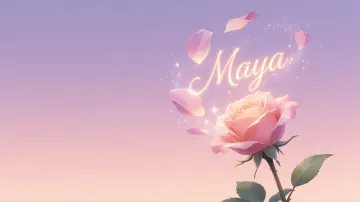 Maya horizontal diseño 8 - Fondo de Pantalla con degradado suave que transiciona de lila en la parte superior a melocotón y rosa pastel en la base, destacando una rosa rosada hiperrealista con tallo y hojas verdes. El nombre brilla en tipografía cursiva con efecto neón cálido, adornado con pétalos cayendo y chispas de luz mágica.