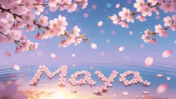 Maya horizontal diseño 9 - Composición serena y onírica con ramas de cerezo en flor (sakura) en la parte superior contra un cielo en degradado de azul suave y lila. Pétalos de color rosa pastel flotan delicadamente en el aire cayendo hacia una superficie de agua tranquila y cristalina. En el centro inferior, el nombre está formado por pétalos de flores con un sutil efecto de relieve 3D y tipografía floral, reflejándose sobre el agua que está iluminada por un cálido destello dorado de luz solar en la esquina inferior derecha.