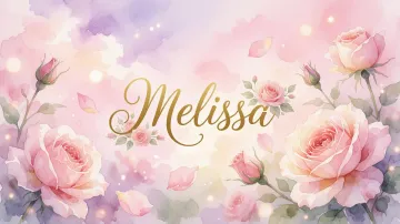 Melissa horizontal diseño 10 - Diseño estilo acuarela con un fondo etéreo y texturizado en nubes de tonos rosa pastel y lila suave. Presenta composiciones de rosas abiertas y capullos en los bordes inferior y superior, con pétalos cayendo delicadamente. Incorpora destellos de luz cálida (efecto bokeh) y, en el centro, resalta una tipografía elegante, cursiva y fluida en color dorado.
