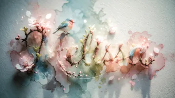 Melissa horizontal diseño 11 - Un delicado diseño de estilo acuarela digital que combina una tipografía de caligrafía personalizada para el nombre en tonos dorados y rosados suaves, adornada con pequeñas hojas y brotes. Un pajarito azul y naranja vibrante está posado en una de las letras. Todo está rodeado por un marco circular de ramas de cerezo en flor con delicadas flores rosadas y blancas. El fondo es un lavado de acuarela difuminado en tonos pastel suaves de azul cerceta, rosa rubor y melocotón sobre una textura de papel rugoso, con destellos luminosos y motas de luz bokeh flotando alrededor, creando una atmósfera mágica y soñadora. Las sombras suaves proyectadas añaden profundidad.