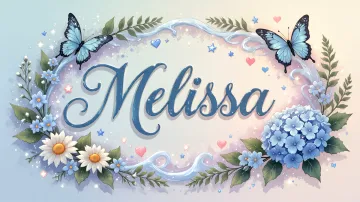 Melissa horizontal diseño 4 - Composición magica con nombre en letra cursiva azul, rodeado de hortensias azules, margaritas blancas y delicadas flores silvestres, enmarcado por suaves remolinos de agua, mariposas azules y destellos estelares sobre un fondo etéreo y romántico.