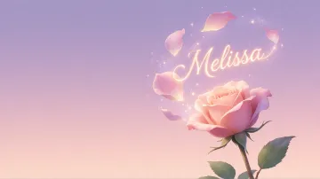 Melissa horizontal diseño 8 - Fondo de Pantalla con degradado suave que transiciona de lila en la parte superior a melocotón y rosa pastel en la base, destacando una rosa rosada hiperrealista con tallo y hojas verdes. El nombre brilla en tipografía cursiva con efecto neón cálido, adornado con pétalos cayendo y chispas de luz mágica.