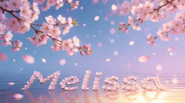 Melissa horizontal diseño 9 - Composición serena y onírica con ramas de cerezo en flor (sakura) en la parte superior contra un cielo en degradado de azul suave y lila. Pétalos de color rosa pastel flotan delicadamente en el aire cayendo hacia una superficie de agua tranquila y cristalina. En el centro inferior, el nombre está formado por pétalos de flores con un sutil efecto de relieve 3D y tipografía floral, reflejándose sobre el agua que está iluminada por un cálido destello dorado de luz solar en la esquina inferior derecha.