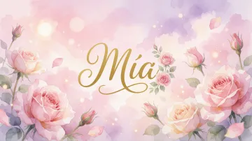 Mia horizontal diseño 10 - Diseño estilo acuarela con un fondo etéreo y texturizado en nubes de tonos rosa pastel y lila suave. Presenta composiciones de rosas abiertas y capullos en los bordes inferior y superior, con pétalos cayendo delicadamente. Incorpora destellos de luz cálida (efecto bokeh) y, en el centro, resalta una tipografía elegante, cursiva y fluida en color dorado.