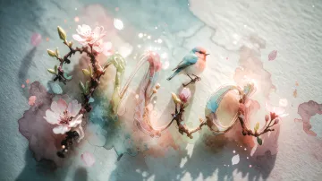 Mia horizontal diseño 11 - Un delicado diseño de estilo acuarela digital que combina una tipografía de caligrafía personalizada para el nombre en tonos dorados y rosados suaves, adornada con pequeñas hojas y brotes. Un pajarito azul y naranja vibrante está posado en una de las letras. Todo está rodeado por un marco circular de ramas de cerezo en flor con delicadas flores rosadas y blancas. El fondo es un lavado de acuarela difuminado en tonos pastel suaves de azul cerceta, rosa rubor y melocotón sobre una textura de papel rugoso, con destellos luminosos y motas de luz bokeh flotando alrededor, creando una atmósfera mágica y soñadora. Las sombras suaves proyectadas añaden profundidad.