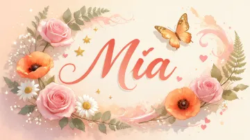 Mia horizontal diseño 3 - Elegante composición de rosas rosadas y amapolas naranjas con mariposas doradas brillantes sobre un fondo cálido, romántico y mágico.
