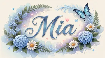 Mia horizontal diseño 4 - Composición magica con nombre en letra cursiva azul, rodeado de hortensias azules, margaritas blancas y delicadas flores silvestres, enmarcado por suaves remolinos de agua, mariposas azules y destellos estelares sobre un fondo etéreo y romántico.
