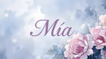 Mia horizontal diseño 5 - Nombre en elegante tipografía cursiva caligráfica en tono lavanda, sobre fondo acuarela de cielo nublado en tonos pastel (azul, blanco, lavanda), decorado con rosa en acuarela de pétalos rosa pálido, blanco crema y lilas suaves con hojas en gris-verde.