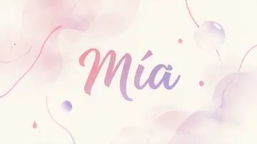 Mia horizontal diseño 7 - Diseño abstracto en acuarela sobre fondo crema, con manchas fluidas y etéreas en rosa pastel y lila, líneas curvas que aportan movimiento, pequeñas gotas salpicadas cayendo verticalmente y una burbuja translúcida en la parte superior izquierda. El nombre resalta al centro con una tipografía cursiva amplia y elegante en degradado rosa a morado.