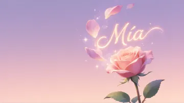 Mia horizontal diseño 8 - Fondo de Pantalla con degradado suave que transiciona de lila en la parte superior a melocotón y rosa pastel en la base, destacando una rosa rosada hiperrealista con tallo y hojas verdes. El nombre brilla en tipografía cursiva con efecto neón cálido, adornado con pétalos cayendo y chispas de luz mágica.