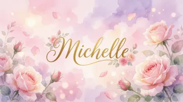 Michelle horizontal diseño 10 - Diseño estilo acuarela con un fondo etéreo y texturizado en nubes de tonos rosa pastel y lila suave. Presenta composiciones de rosas abiertas y capullos en los bordes inferior y superior, con pétalos cayendo delicadamente. Incorpora destellos de luz cálida (efecto bokeh) y, en el centro, resalta una tipografía elegante, cursiva y fluida en color dorado.