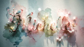 Michelle horizontal diseño 11 - Un delicado diseño de estilo acuarela digital que combina una tipografía de caligrafía personalizada para el nombre en tonos dorados y rosados suaves, adornada con pequeñas hojas y brotes. Un pajarito azul y naranja vibrante está posado en una de las letras. Todo está rodeado por un marco circular de ramas de cerezo en flor con delicadas flores rosadas y blancas. El fondo es un lavado de acuarela difuminado en tonos pastel suaves de azul cerceta, rosa rubor y melocotón sobre una textura de papel rugoso, con destellos luminosos y motas de luz bokeh flotando alrededor, creando una atmósfera mágica y soñadora. Las sombras suaves proyectadas añaden profundidad.