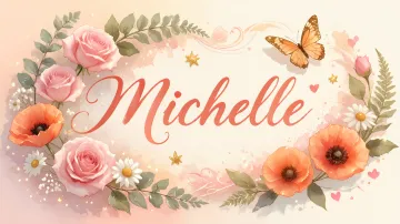 Michelle horizontal diseño 3 - Elegante composición de rosas rosadas y amapolas naranjas con mariposas doradas brillantes sobre un fondo cálido, romántico y mágico.