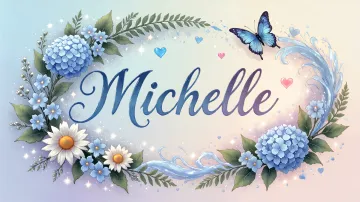 Michelle horizontal diseño 4 - Composición magica con nombre en letra cursiva azul, rodeado de hortensias azules, margaritas blancas y delicadas flores silvestres, enmarcado por suaves remolinos de agua, mariposas azules y destellos estelares sobre un fondo etéreo y romántico.
