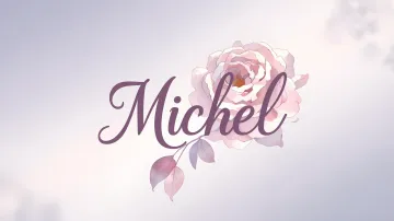 Michelle horizontal diseño 5 - Nombre en elegante tipografía cursiva caligráfica en tono lavanda, sobre fondo acuarela de cielo nublado en tonos pastel (azul, blanco, lavanda), decorado con rosa en acuarela de pétalos rosa pálido, blanco crema y lilas suaves con hojas en gris-verde.