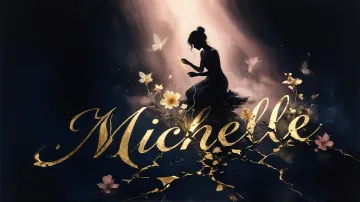 Michelle horizontal diseño 6 - Composición de ilustración semirrealista cinematográfica con silueta femenina tejiendo un hilo dorado de luz sobre un suelo oscuro fracturado al estilo Kintsugi, donde el nombre resalta en un prominente guión caligráfico dorado que emerge de las grietas, rodeado de flores blancas, mariposas y un fondo degradado de azules profundos iluminado por una luz celestial en tonos melocotón y crema, con una frase de aliento en tipografía blanca en la parte inferior.