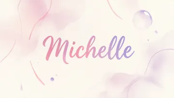 Michelle horizontal diseño 7 - Diseño abstracto en acuarela sobre fondo crema, con manchas fluidas y etéreas en rosa pastel y lila, líneas curvas que aportan movimiento, pequeñas gotas salpicadas cayendo verticalmente y una burbuja translúcida en la parte superior izquierda. El nombre resalta al centro con una tipografía cursiva amplia y elegante en degradado rosa a morado.