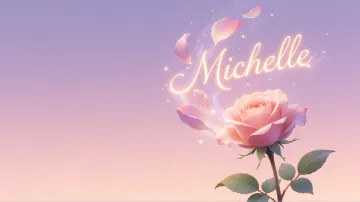 Michelle horizontal diseño 8 - Fondo de Pantalla con degradado suave que transiciona de lila en la parte superior a melocotón y rosa pastel en la base, destacando una rosa rosada hiperrealista con tallo y hojas verdes. El nombre brilla en tipografía cursiva con efecto neón cálido, adornado con pétalos cayendo y chispas de luz mágica.